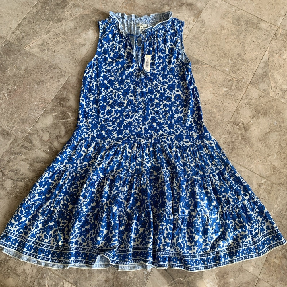 Max Studio London S Tiered Knee Length Blue White Dress Tank Lightweight Tassels